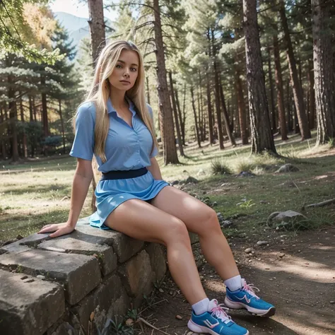 Emily Hart, 23 years old, blonde hair, long hair. Blue miniskirt dress. With sports shoes. Pink shirt with great neckline. Mountain bike climb. In a park.