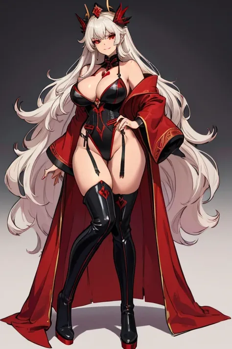 female, silver long hair, red eyes, tan skin, (((1girl))), (((red long robe with black accents))), (gold jewelry), (black thigh high heeled boots), (black panties), (black crown), cute and sexy, large breasts, large butt, full body, long legs, smiling, cle...