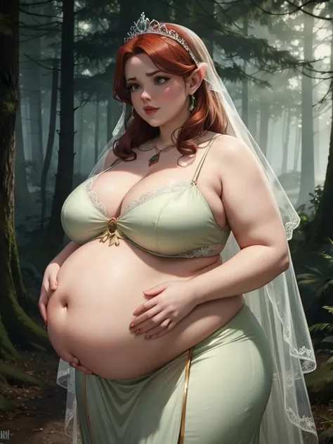 Pregnant triss merigold, red lipstick, bright green eyes, stressful, nervous, embarrassed, blushing, elvish wedding dress, tiara, double chin, chubby body,bbw, morbidly obese, fat, pregnant belly, pregnancy, big womb, enchanted forest 