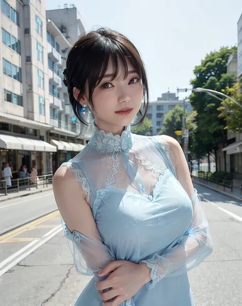 a woman posing on the street corner with light Blue clothes on, highest quality, 1peopleの女の子, big breasts, Day, bright, Blur the background, Bokeh, Outdoor, (street:0.8), (people々, crowd:1), (lace trim dress:1.5, Sleeveless dress, Transparent light blue cl...