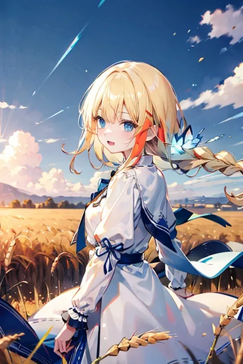 White clothes with blue trim、Blonde、blue eyes、Braided Hair、Hair in braids、Fair skin、The background is a wheat field、Shining wheat field、Daytime、Far and high sky、