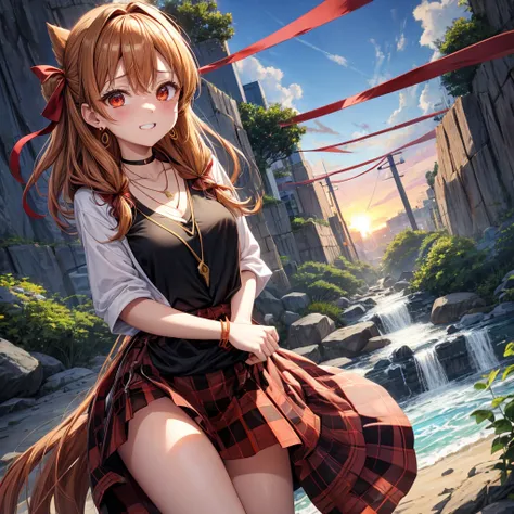 Brown, red, gold, golden hair、Red eyes、One good looking girl、solo、anime、Checkered mini skirt、Black camisole、Black T-shirt、hoodie、Wearing a ribbon、Ribbon on waist、Crystal Earrings、Gemstone Necklace、Light and shadow、Tilting face、Teeth are visible、waterfall、K...