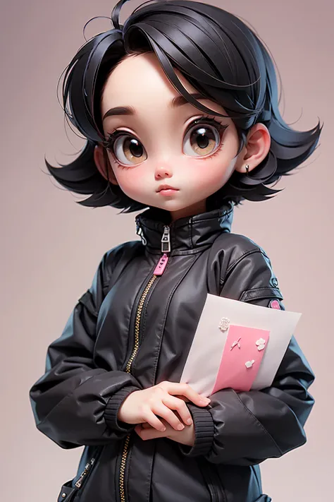 (masterpiece, best quality), 1 girl, 黑色齐肩short hair，short hair，black down jacket. Holding pink A4 paper in hand, only,Standing， Looking at the camera casually，front，White background