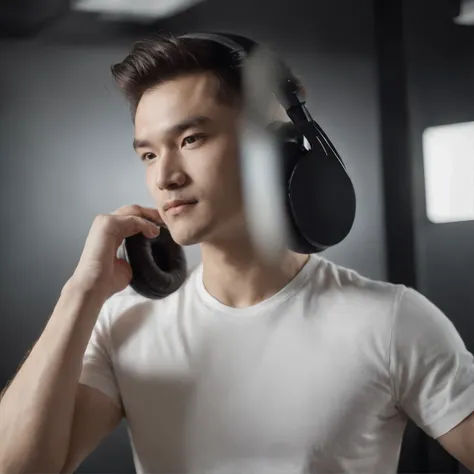 Man working in the studio wearing headphones Chinese man, High-definition details, long hair, white t-shirt,Nervous and focused expression, sharp eyes, Dark lighting, soft background, deep black background, Layered feeling stands out, realistic, Handsome b...