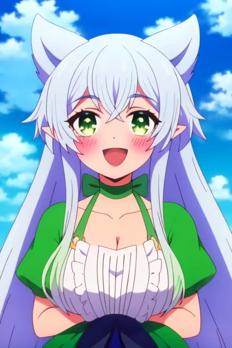 sysiseep_Fenry, One girl, alone, length_hair, chest, blush, smile, Open_mouth, Front hair, green_eye, big_chest, isress, Chest cleavage, clavicle, superiorper_boisy, whitehair, :is, siiselocks, outisoors, Frills, null, choker, isay, pointed_ear, clouis, wh...