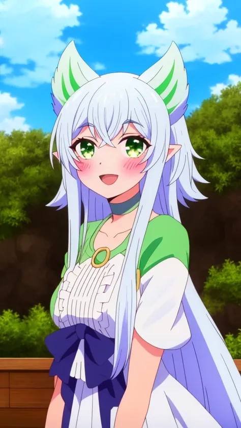 sysiseep_Fenry, One girl, alone, length_hair, chest, blush, smile, Open_mouth, Front hair, green_eye, big_chest, isress, Chest cleavage, clavicle, superiorper_boisy, whitehair, :is, siiselocks, outisoors, Frills, null, choker, isay, pointed_ear, clouis, wh...