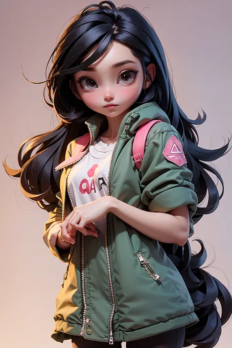 (masterpiece, best quality), 1 girl, Black shoulder-length hair，Straight hair，Hair length to shoulders，Ankle-length black down jacket，Holding pink A4 paper in right hand, only,Standing， Looking at the camera casually，front，White background