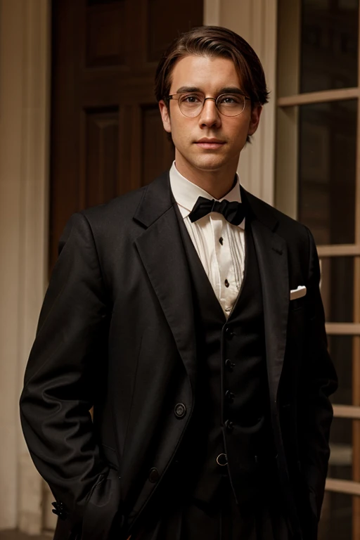 A man with brown hair and round-rimmed glasses, wearing a 1900s black tailcoat outfit.