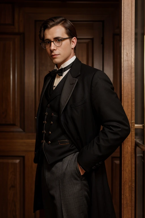 A man with brown hair and round-rimmed glasses, wearing a 1900s black tailcoat outfit.