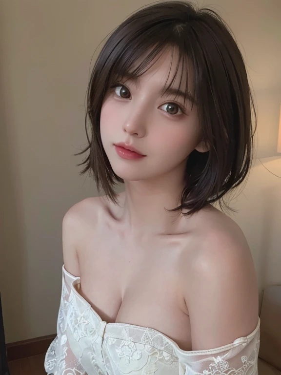 highest quality, masterpiece, Ultra-high resolution, (Realistic:1.5), RAW Photos, One girl, Off the shoulder, In the Dark, Deep Shadow, Modest, Cold Light, sexy look, short hair