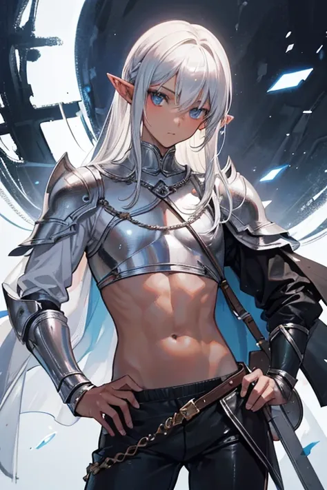 Best image quality, Excellent details, Ultra-high resolution, (realism: 1.4), Best illustrations, Favorite Details, A very condensed boy, Delicate and beautiful features, Dark skin, Medium Silver Hair, Androgynous, Black Pants, elf boy, Medieval Armor, Cro...