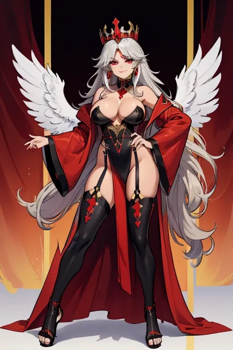 female, silver long hair, red eyes, tan skin, (((1girl))), (((red long robe with black accents))), (gold jewelry), (black thigh high heeled sandals), (black dress), (black crown), cute and sexy, large breasts, large butt, full body, long legs, smiling, cle...