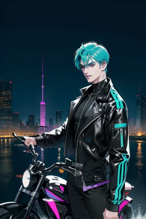 (absurdres, highres, ultra detailed), 1 male, adult, handsome, tall muscular guy, broad shoulders, finely detailed eyes, Cyberpunk, motorcycle, neon hair, holographic, black jacket, intense run, speed, night city, neon sign, skyscraper, from directly above...