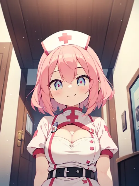 (Nurse girl:1.2), (1 person:1.2),(10 year old girl)、Young girl、Big Breasts、 Hmph、Shaders、Highly detailed eyes、loose fluffy short hair、Side bust、Underbust、Shiny cleavage、Pink Hair、Silky Hair、nurse uniform(Pink sheer fabric、Plain、mini skirt、Plainのシルク手袋)、The ...