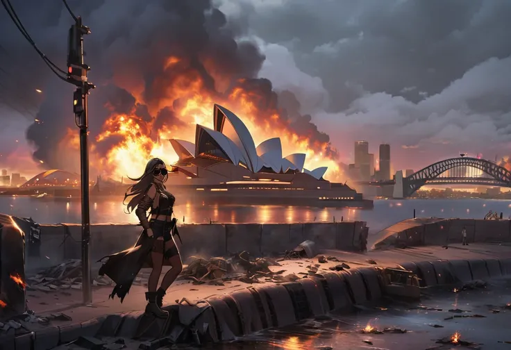 Sydney Harbour, 1girl, black woman, in the style of Mad Max, Sydney Opera House burning and collapsed, girl has mirrored sunglasses, torn leather jacket, warpaint, apocalyptic city, city devastated by zombies
