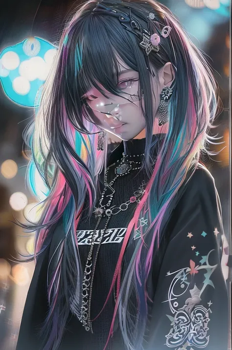 Goth_punk, One girl, alone, Medium Shot, Walking around Harajuku, ((at night)), Bokeh, Neon Light, Rainbow Eyes, Starry Sky, 白いShiny Hair, White eyebrows, Shiny Hair, (Iridescent white hair), Earrings, bangs, jewelry, mask, blunt bangs, Green Eyes, mouth m...