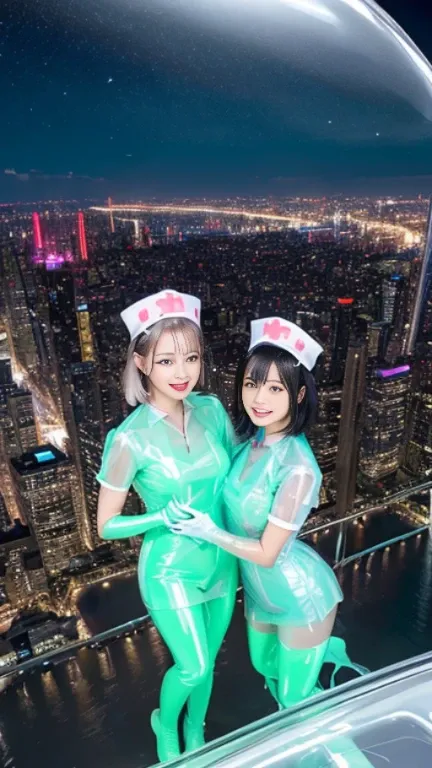 (masutepiece:1.0), (Best Quality:1.4), (A high resolution:1.2), (Photorealistic:1.4),(from above:1.5), (8K, Raw photo:1.2), (Soft Focus:1.4),BREAK,There is 2 girls wearing latex nurse who is hugging each other and jumping to the sky and smiling and taking ...