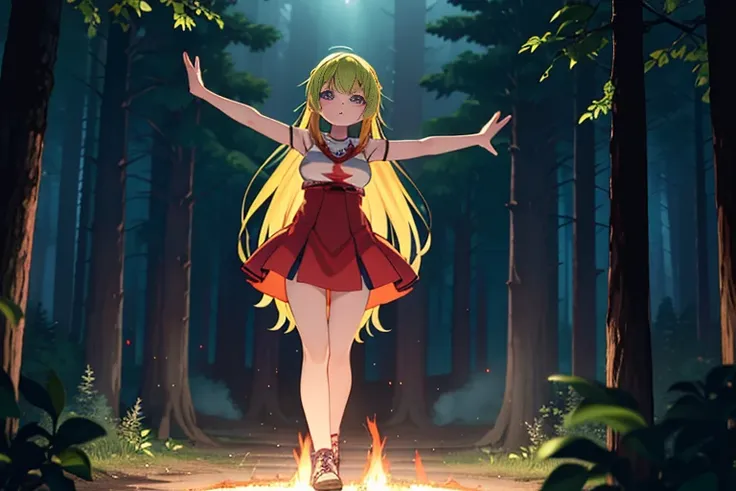 Anime Style. A rave takes place in the middle of a large forest in North America. It&#39;s summer, It&#39;s hot, Because its night、There is a bonfire which gives a good light to the image. A very beautiful woman with an alternative, pseudo-hippie look.、Dan...