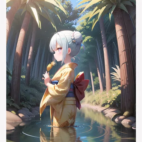 (Little, pineapple, 3DCG, kimono,1 girl: 1.5), (masterpiece, Almond-shaped eyes, shiny white-blue hair, short bun hair, highest quality, Carefully drawn fingertips, Beautiful anatomy: 1.4), (Half Body: 1.3), (Red cheeks, Indifference, Expressionless, Hair ...