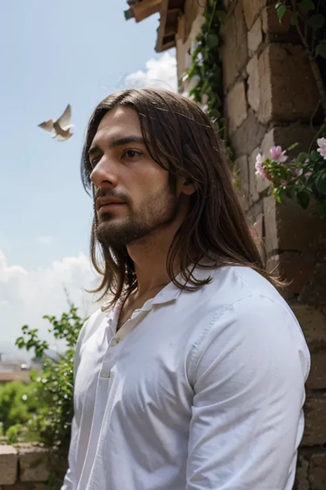 Jesus, man, 33 years, blue sky, doves, flowers, divine guy. 