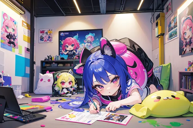 (masterpiece, best quality:1.1),
(8k, best quality, masterpiece, ultra highres, ultra-detailed:1.2) ,the kids,(chibi),chibi characters use various gadgets to paint each other and paint the walls and floors,splatoon,colorful,beautiful lighting, volumetric l...