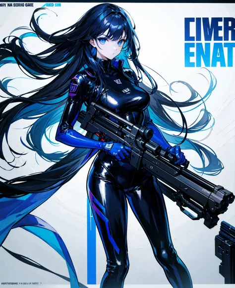 There is no background，girl，Carry a firearm，Patent leather tight suit，Use of firearms，Navy blue long hair，attention arousal，Blue colored eyes,No gradients