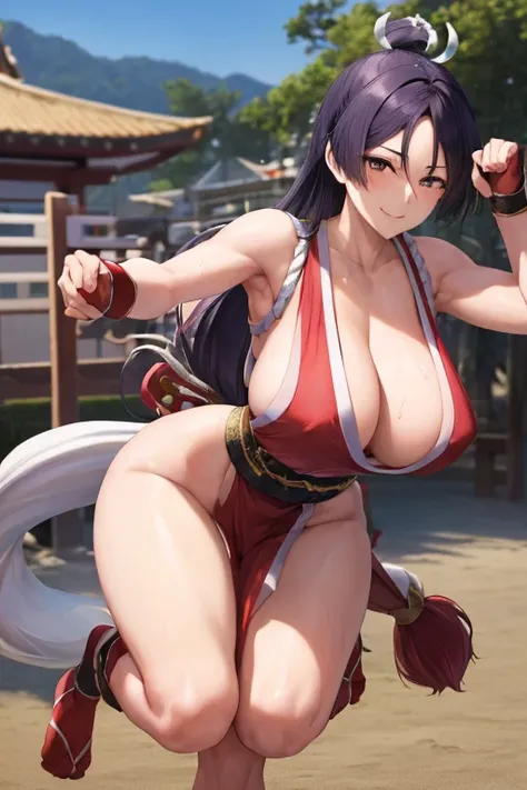 masterpiece, best quality, beautiful art, high resolution, well formed hands, body and fingers, 1 woman, solo, Minamoto no raikou, adult, hair ornament, big breasted, cleavage, full body, long hair, hair ornament gorgeous legs and thighs, cosplaying as Mai...