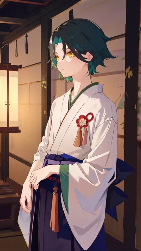 1 boy,dark green hair,highest quality,masterpiece,excessive,male focus,yellow eyes,beautiful eyes,beautiful boy,紋付きHakama,日本のkimono,kimono,Hakama,