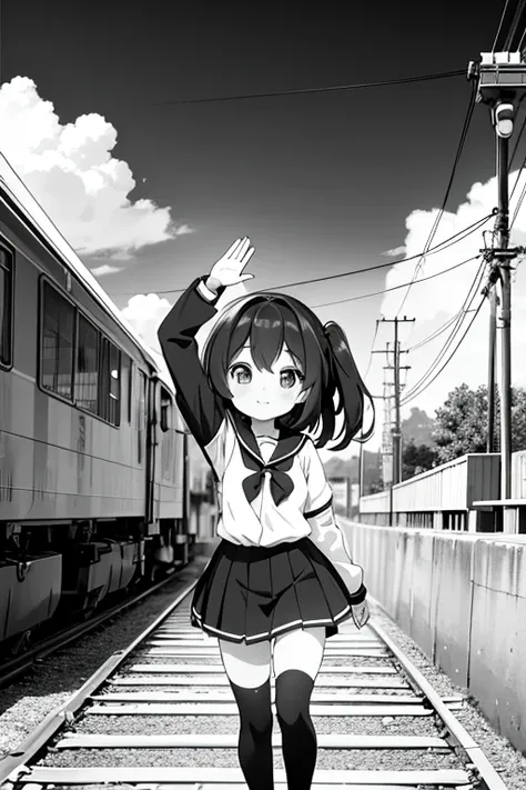 Anime Girls waving with train in background, cute Anime Girls, Cute girl anime visuals, Kantai Collection Style, (Anime Girls), young Anime Girls, Anime Girls, Beautiful anime school girl, Black and white manga style, an Anime Girls, monochrome artwork!!, ...