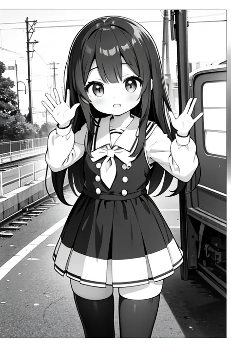 Anime Girls waving with train in background, cute Anime Girls, Cute girl anime visuals, Kantai Collection Style, (Anime Girls), young Anime Girls, Anime Girls, Beautiful anime school girl, Black and white manga style, an Anime Girls, monochrome artwork!!, ...