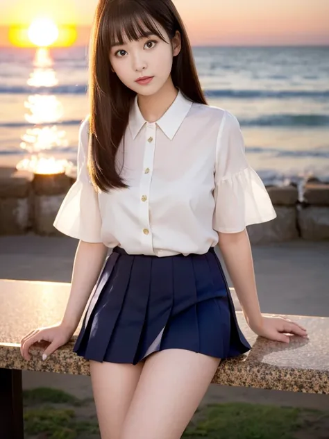 (highest quality, High resolution, Tabletop :1.3), Wearing 、、Japanese women,（whole body：1.3）、24-years-old、Wearing a miniskirt、Healthy thighs、Even bangs、 Very beautiful face, Beautiful girls, Beautiful realistic face,Beautiful woman, Orange sunset sky, Sun ...