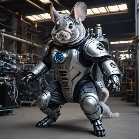 A realistic photo of a humanoid robot (Anthropomorphic) Superhero Chinchilla in a gigantic high-tech suit, Action Movement, Full pose, whole body, steampunk, Attention to detail, Many image details, 8k, Surreal