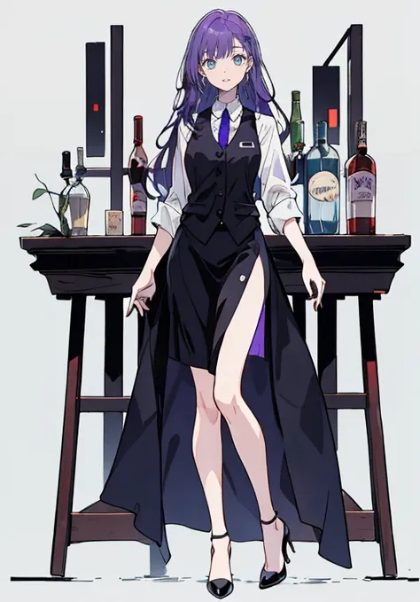 ((perfect face)),purple hair,long hair,1 female,bartender,black vest,shirt with rolled up sleeves,slit,high heels,,((simple back...