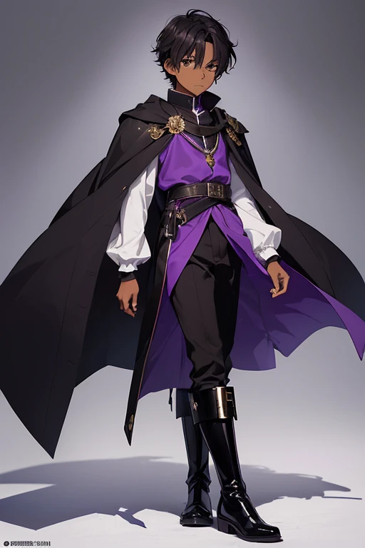 (boy1),(anime),(young teenager aged 16),(dark brown skin color),(brown eyes),(short black hair),(height 1.80cm),(wearing),+,(a 16th century emperors outfit, consisting of a shiny black cape with purple tones, and black boots with purple tones, and a black ...