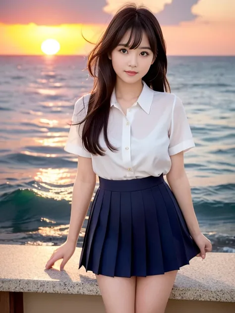 (highest quality, High resolution, Tabletop :1.3), Wearing 、、Japanese women,（whole body：1.3）、24-years-old、Wearing a miniskirt、Healthy thighs、Even bangs、 Very beautiful face, Beautiful girls, Beautiful realistic face,Beautiful woman, Orange sunset sky, Sun ...