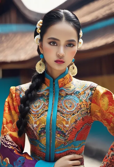 An Indonesian-styled futuristic suit worn by a girl depicting cultural fusion and modern fashion. The suit is adorned with intricate patterns and vibrant colors, showcasing the rich heritage of Indonesia. The girl stands confidently in a dynamic pose, with...