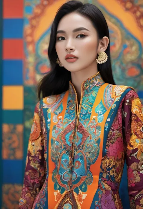 An Indonesian-styled futuristic suit worn by a girl depicting cultural fusion and modern fashion. The suit is adorned with intricate patterns and vibrant colors, showcasing the rich heritage of Indonesia. The girl stands confidently in a dynamic pose, with...