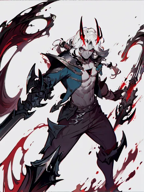 tan, male, bloody, bloodied, devil horns, casual outfit, white long hair, black mist, armed, manly