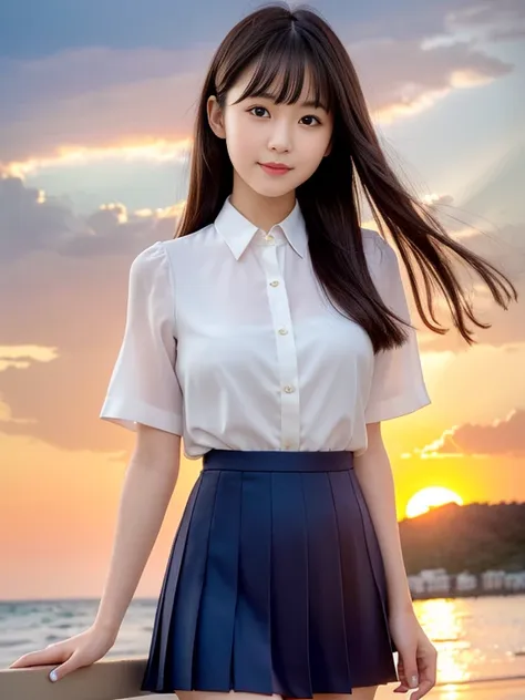 (highest quality, High resolution, Tabletop :1.3), 、Japanese women,（whole body：1.3）、24-years-old、Wearing a miniskirt、（Healthy thighs：1.4）、Even bangs、 Very beautiful face,  Beautiful realistic face,Beautiful woman, Orange sunset sky, Sun and clouds with oce...