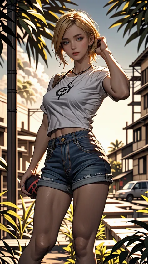 FY2076. Wasteland urban ruins, Female hunter picking fruit in garden, Beautiful Face, blonde, A badly torn shirt and denim shorts , muscular legs, Sweat it out, sunrise, nice warm colors, Head to Toe, full body shot, Clean hands, Perfect Fingers,