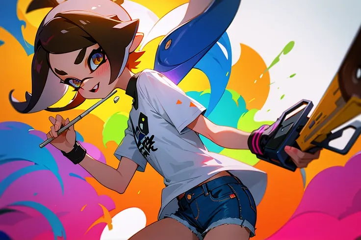 Elementary school students are playing Splatoon pretend,playing with paint on each other using various gadgets,white t-shirt,denim hotpants,colorful stage,beautiful lighting, volumetric lighting, dynamic angle, sharp,