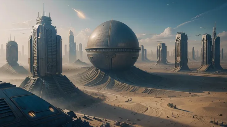 there is a painting of a futuristic city with a giant robot head, jodorowskys dune, insanely detailed matte painting, peter gric and dan mumford, intricate matte painting, jodorowskys dune movie, style of john harris, jean giraud 8 k, hyperdetailed matte p...