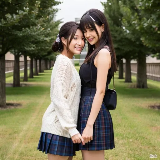 Two Japanese high school girls in revealing clothes kissing