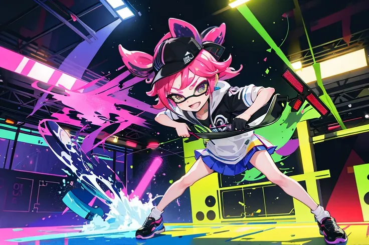 Elementary school students are playing Splatoon pretend,playing with paint on each other using various gadgets,colorful stage,beautiful lighting, volumetric lighting, dynamic pose,sharp,