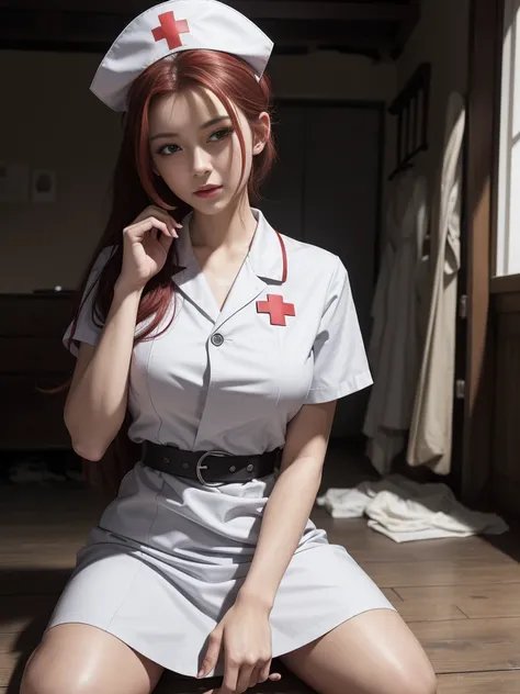 artworks，Best image quality，8K resolution，ultra high resolution，high detal，Higher quality，Oriental women，An injured female nurse，exquisite facial features，s the perfect face，the doctor，solo person，Be red in the face，embarressed，Drunk，brunette color hair，Ex...