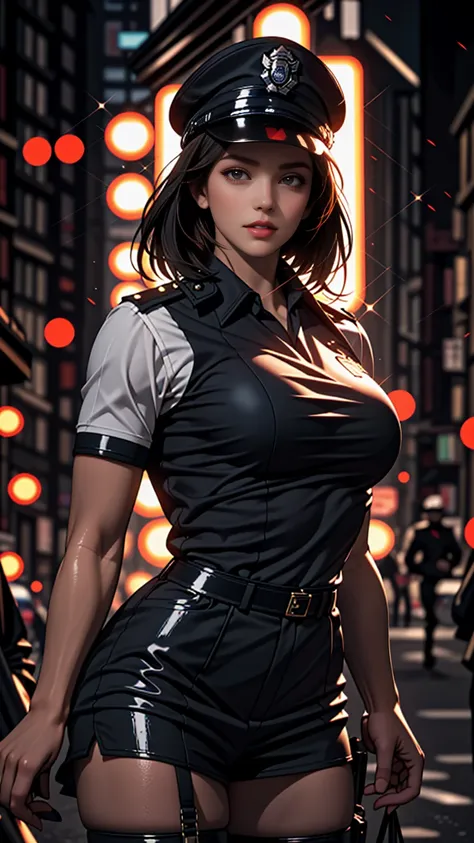 alone, (Police uniform, Female police officer), stockings, City lights, (Looking at the audience: 1.3), Release your lips, Red lips, Shiny skin, Skin dents, highest quality, Ultra-high resolution, (realism: 1.4),  