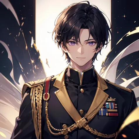 soft lighting, perfect image, digital illustration, manhwa art, hyper detailed image, perfect lines, realistic)} 1 very handsome man, short black hair, purple eyes, military clothes (imposing posture, smiling), {(black background with golden sparkles) 