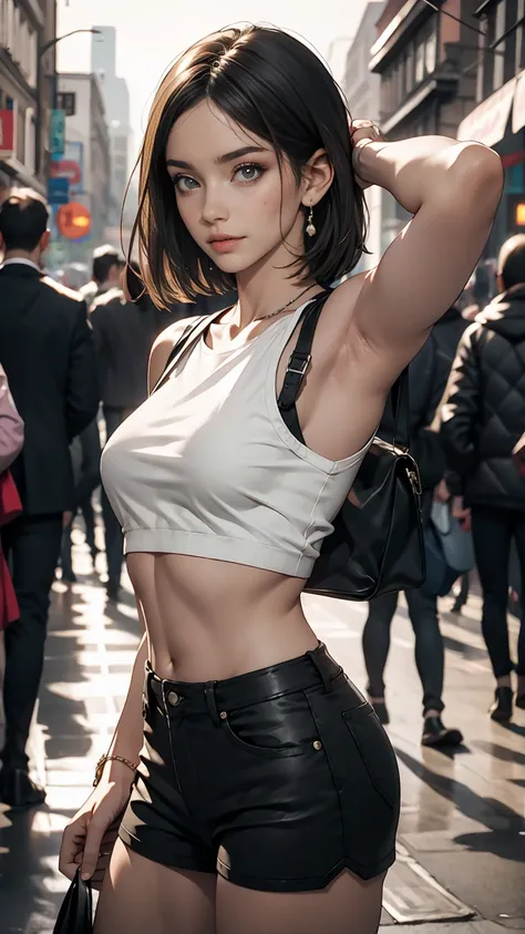 ((Realistic Face, Fascinating, Mature, White eyes)), (Grey crop top, Black underwear, Short clothes), (Long black hair), (20 years), (1 girl), (4K Style))