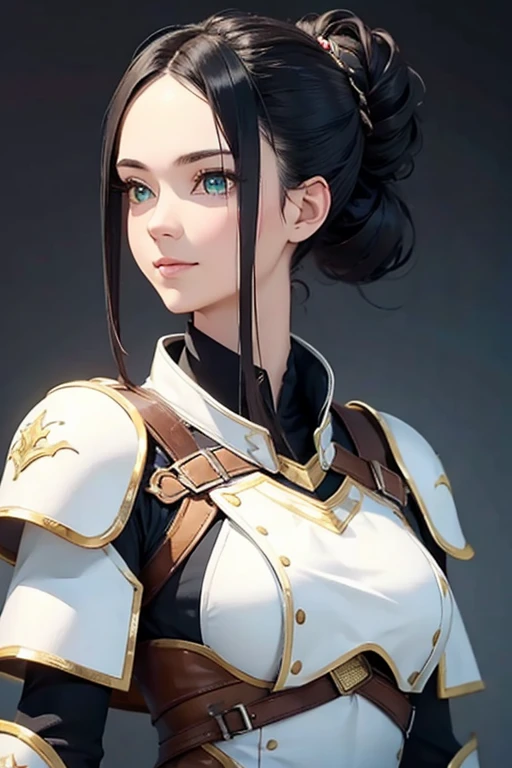 ((Masterpiece: 1.3)), ((Highest quality: 1.2)), ((Very detailed: 1.4)),
One Girl,
((Black Hair: 1.1)), ((Updo: 1.1)), Hair Bun,
((White Armor: 1.2)), (((Woman warrior))),
Green Eyes,
Smile,
((Simple Background: 1.1)).