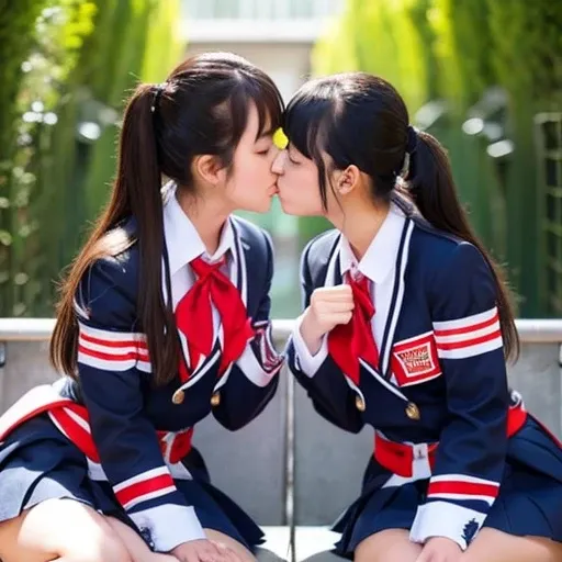 Two Japanese high school girls in revealing uniforms kissing